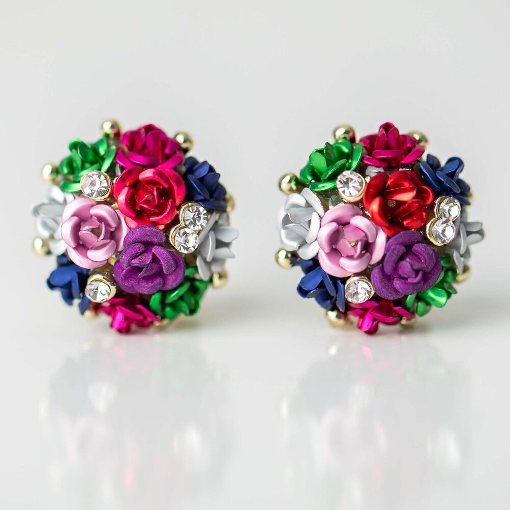 Colorful Floral Cluster Earrings Rhinestone Colorful Rose Vintage Jewelry